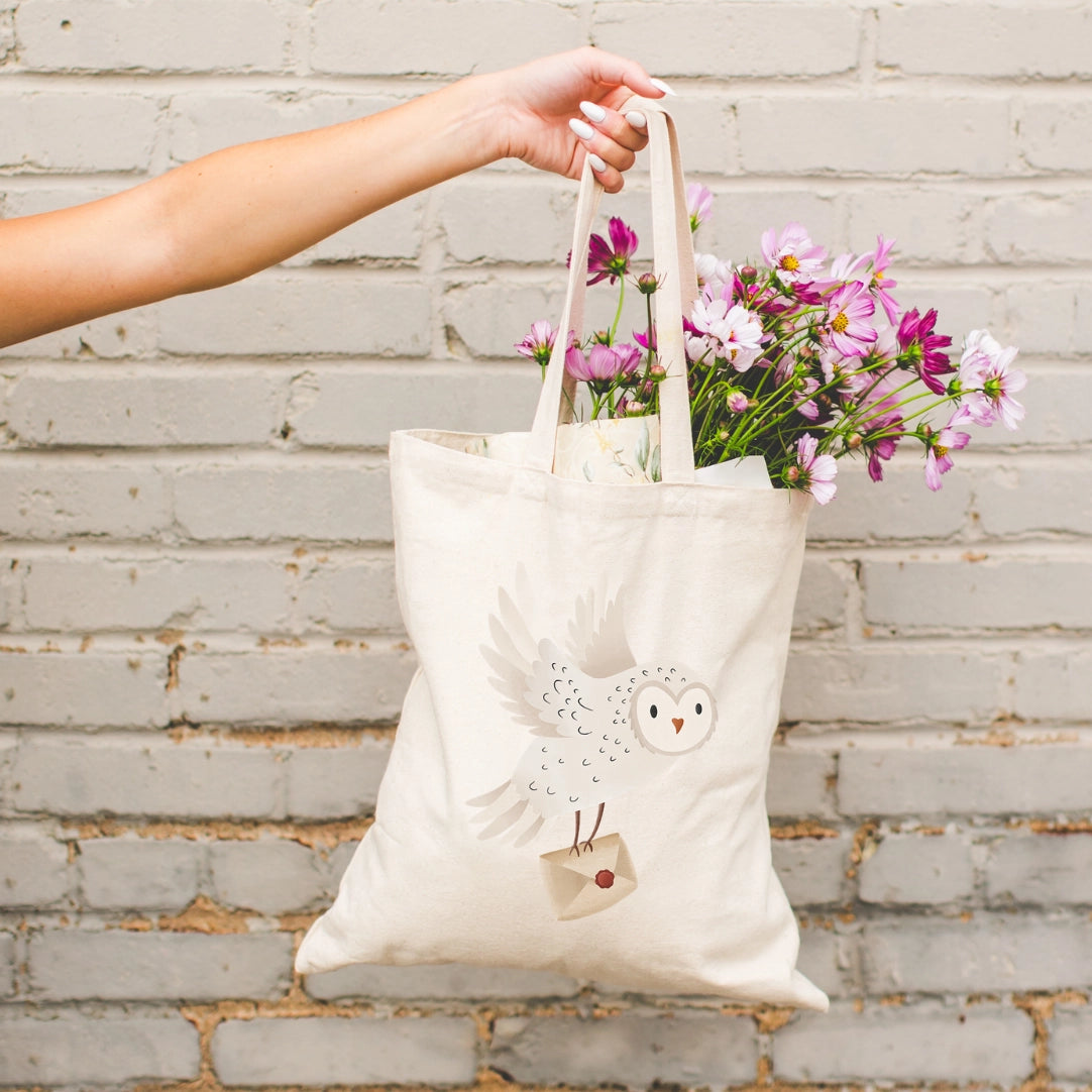 Tote Bag Owl Snowy Owl with Letter Jute Sack Reading Forest
