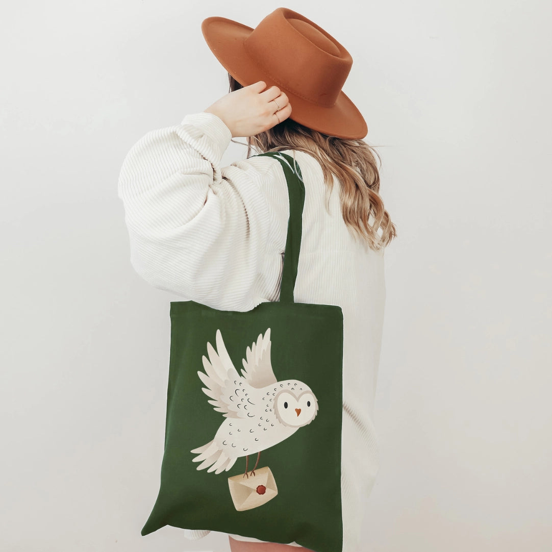 Tote Bag Owl Snowy Owl with Letter Jute Sack Reading Forest
