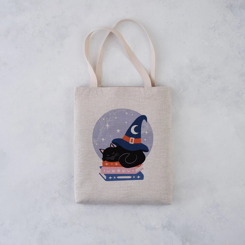 Witchy Cat & Books Canvas Tote Bag