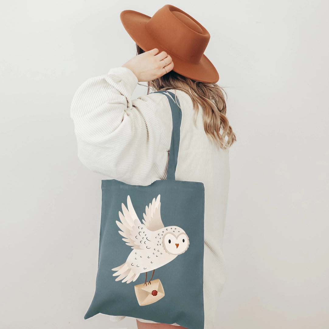 Tote Bag Owl Snowy Owl with Letter Jute Sack Reading Forest
