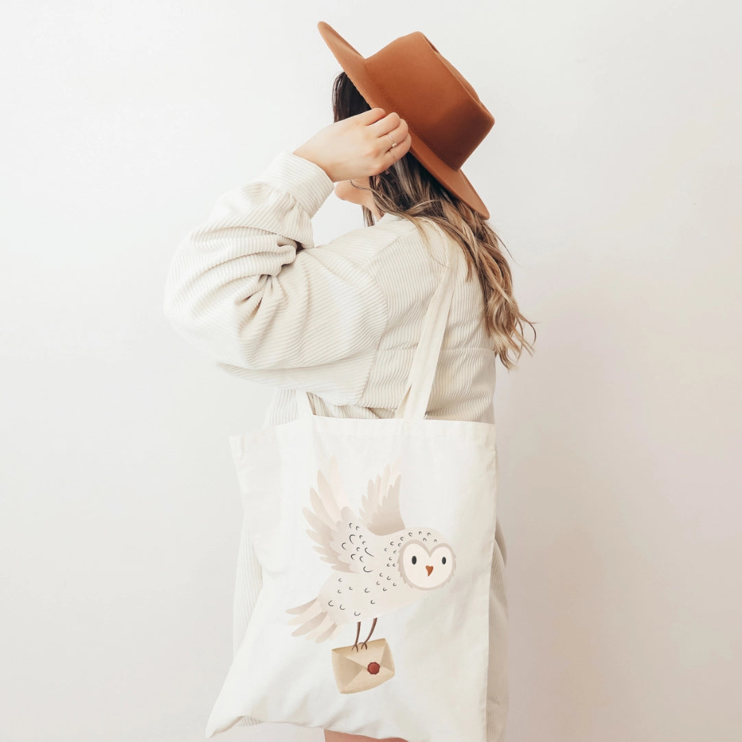 Tote Bag Owl Snowy Owl with Letter Jute Sack Reading Forest
