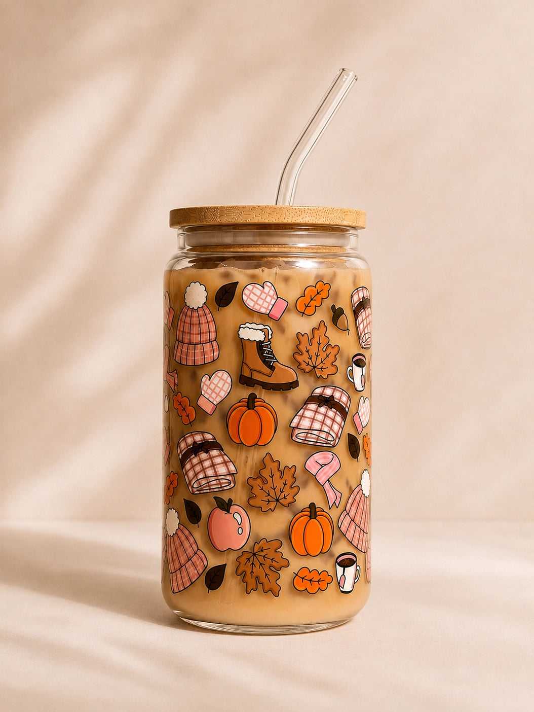 Cozy Autumn Vibes Glass Tumbler Double Sided + Lid & Straw