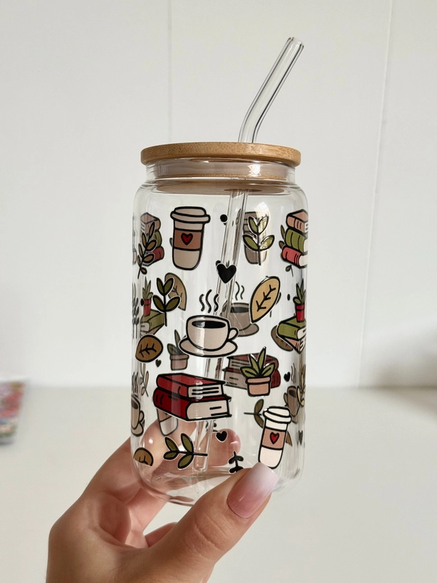 Books & Coffee glass tumbler with double print, lid and straw