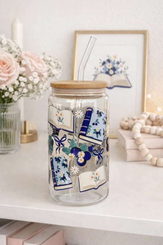 Blueberry Books Glass Cup with Lid & Straw Double Sided