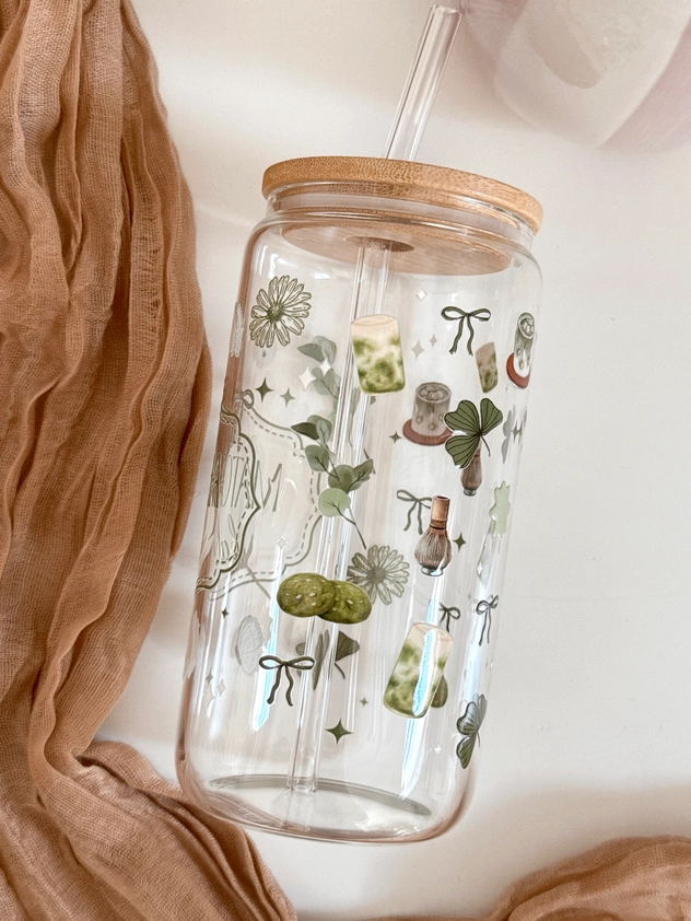 Lux Matcha Babe Glass Cup Double Sided & Lid and Straw