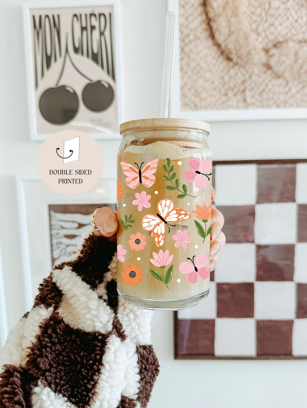 Butterfly garden glass tumbler with double print, lid and straw