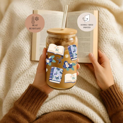 Blueberry Books Glass Cup with Lid & Straw Double Sided