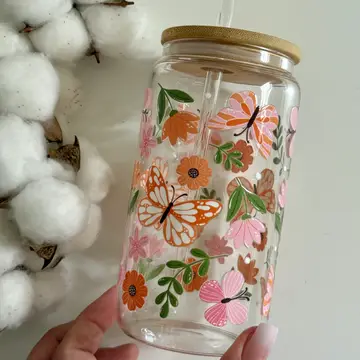 Butterfly garden glass tumbler with double print, lid and straw