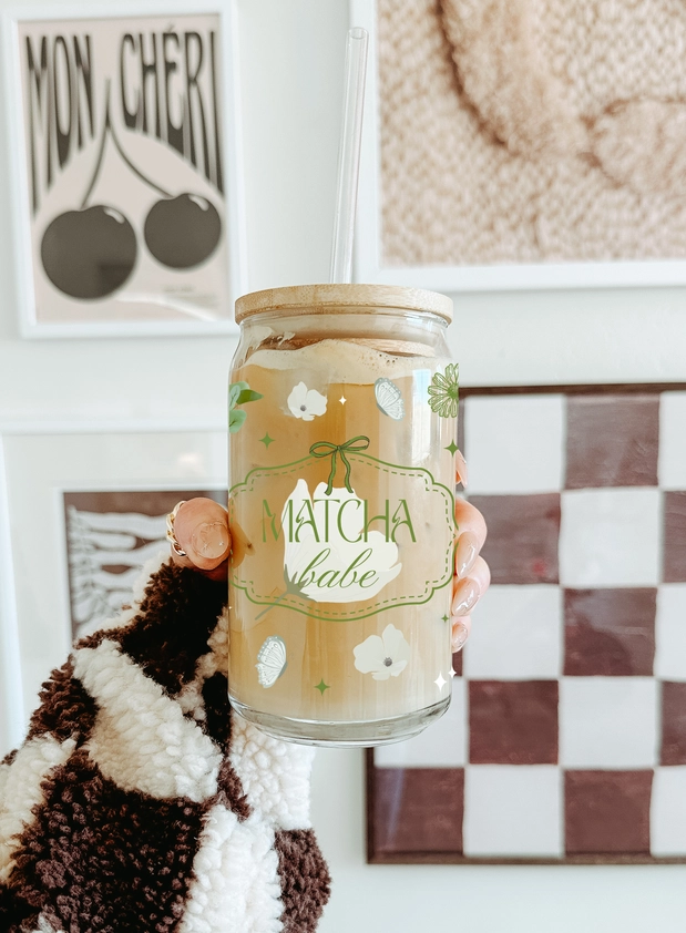 Lux Matcha Babe Glass Cup Double Sided & Lid and Straw