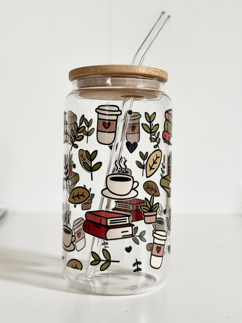 Books & Coffee glass tumbler with double print, lid and straw