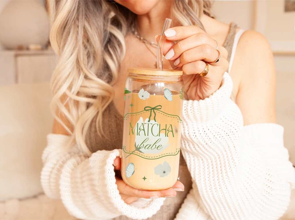 Lux Matcha Babe Glass Cup Double Sided & Lid and Straw