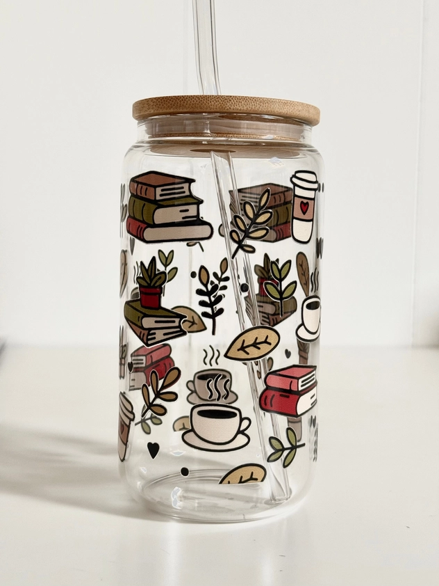 Books & Coffee glass tumbler with double print, lid and straw