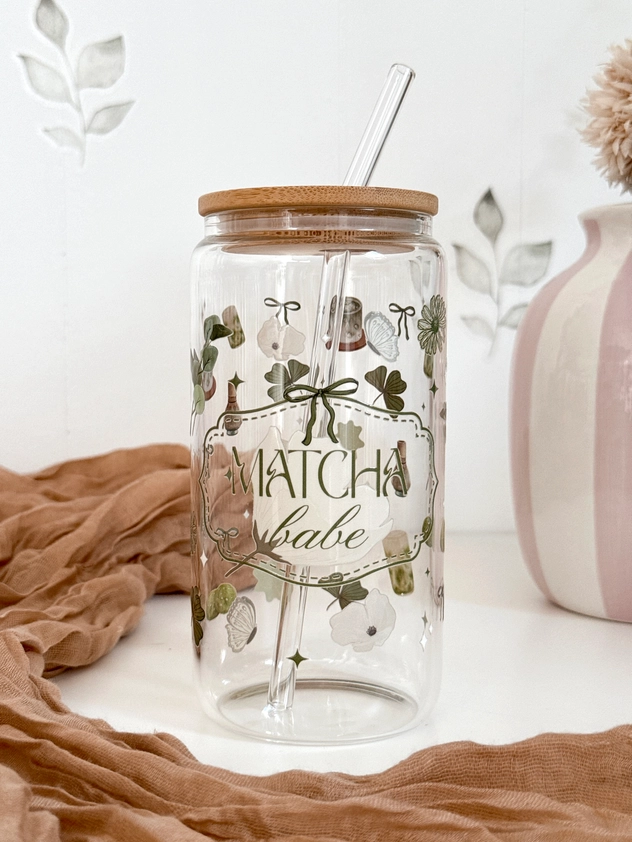 Lux Matcha Babe Glass Cup Double Sided & Lid and Straw