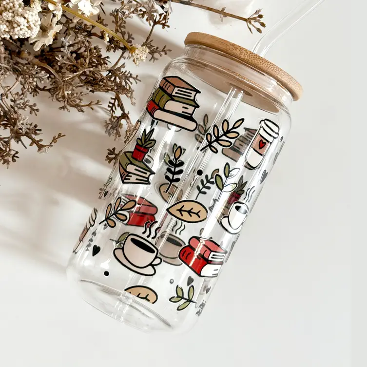 Books & Coffee glass tumbler with double print, lid and straw