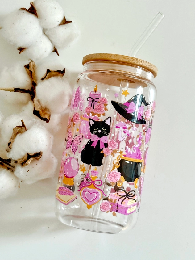 Witchy Cat glass tumbler with double print, lid and straw