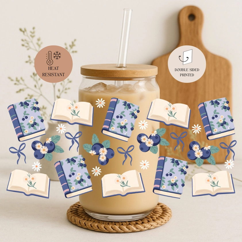 Blueberry Books Glass Cup with Lid & Straw Double Sided