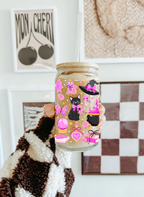 Witchy Cat glass tumbler with double print, lid and straw