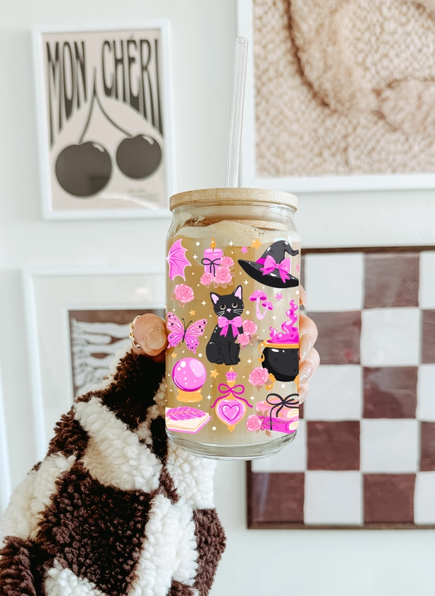 Witchy Cat glass tumbler with double print, lid and straw