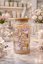 Violet Spring glass tumbler with double-sided print + lid and straw