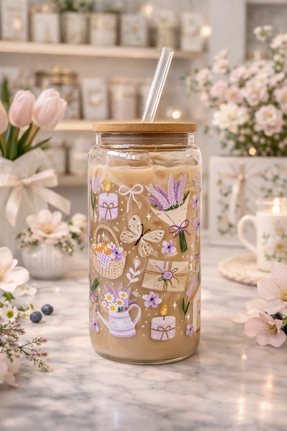 Violet Spring glass tumbler with double-sided print + lid and straw