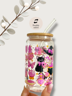 Witchy Cat glass tumbler with double print, lid and straw