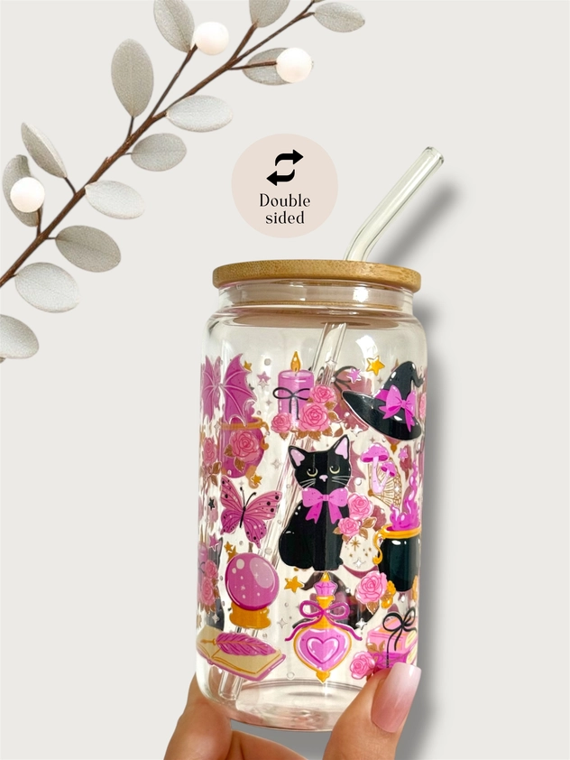 Witchy Cat glass tumbler with double print, lid and straw