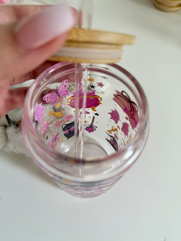 Witchy Cat glass tumbler with double print, lid and straw