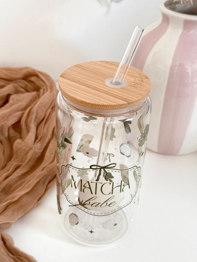 Lux Matcha Babe Glass Cup Double Sided & Lid and Straw
