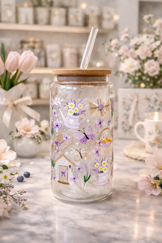 Violet Spring glass tumbler with double-sided print + lid and straw