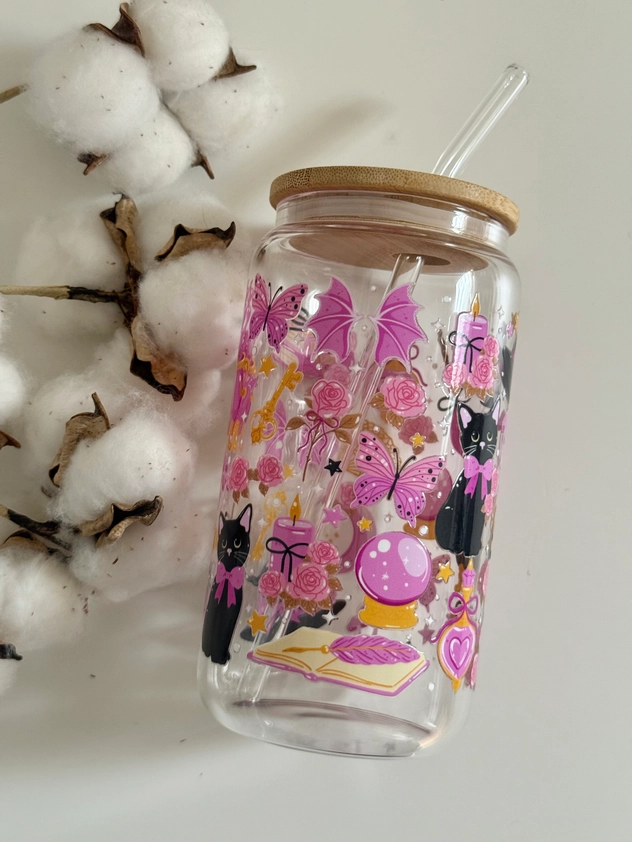 Witchy Cat glass tumbler with double print, lid and straw