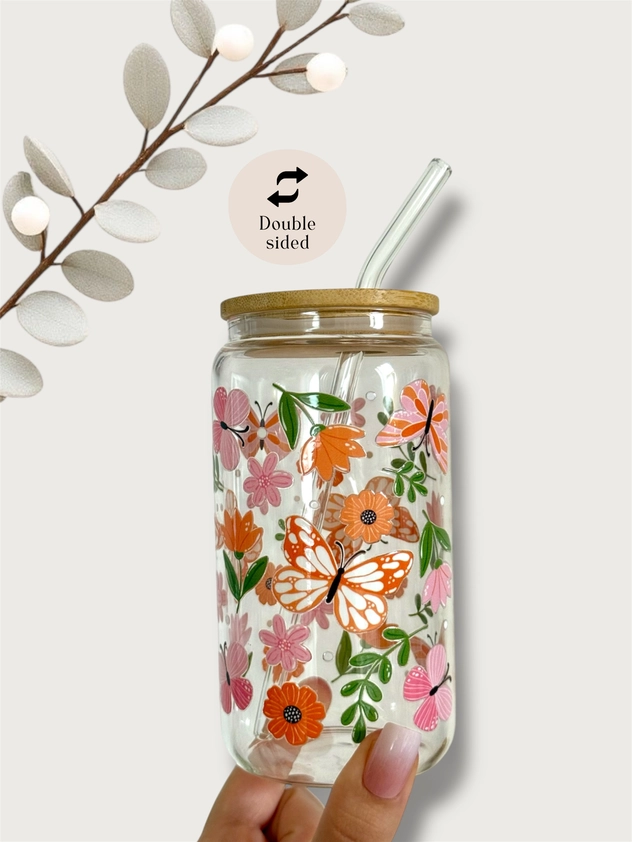 Butterfly garden glass tumbler with double print, lid and straw